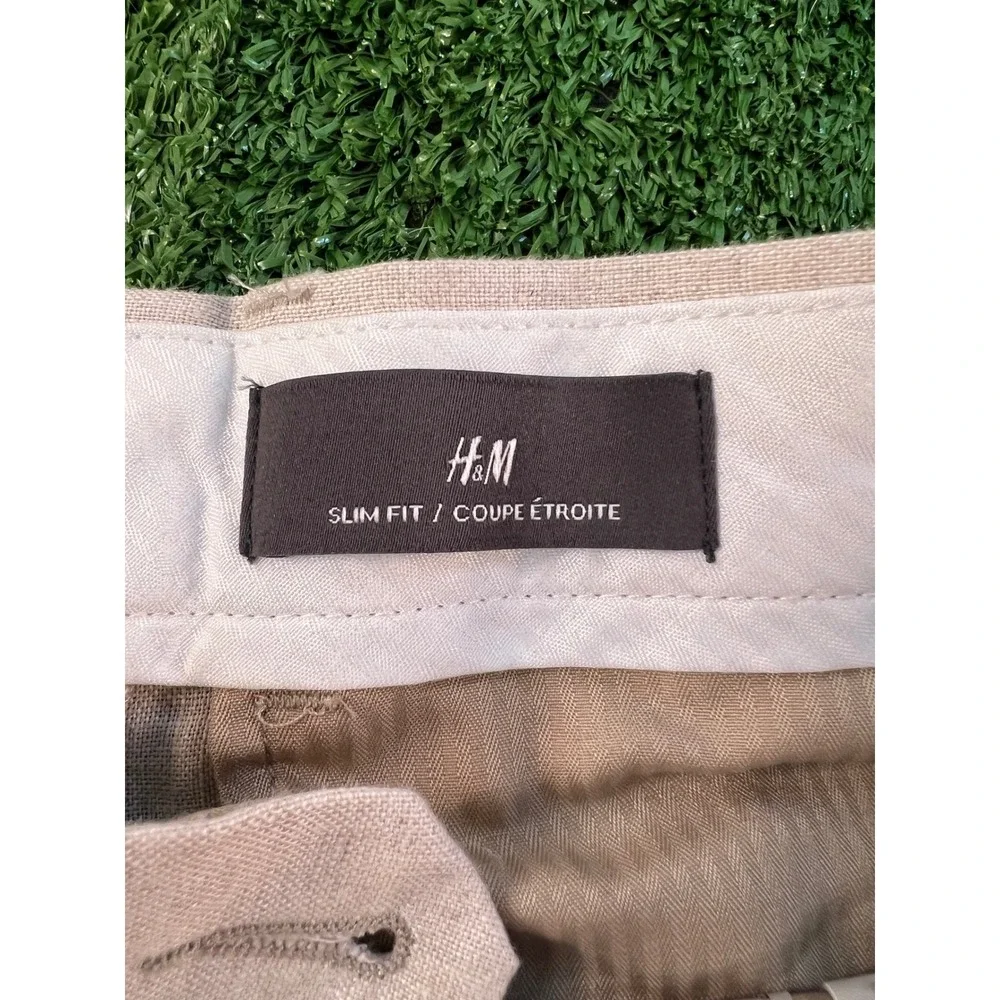 H&M Mens 38R Slim Fit 100% Linen Trousers Beige Oatmeal Summer Dress Pants 38x30